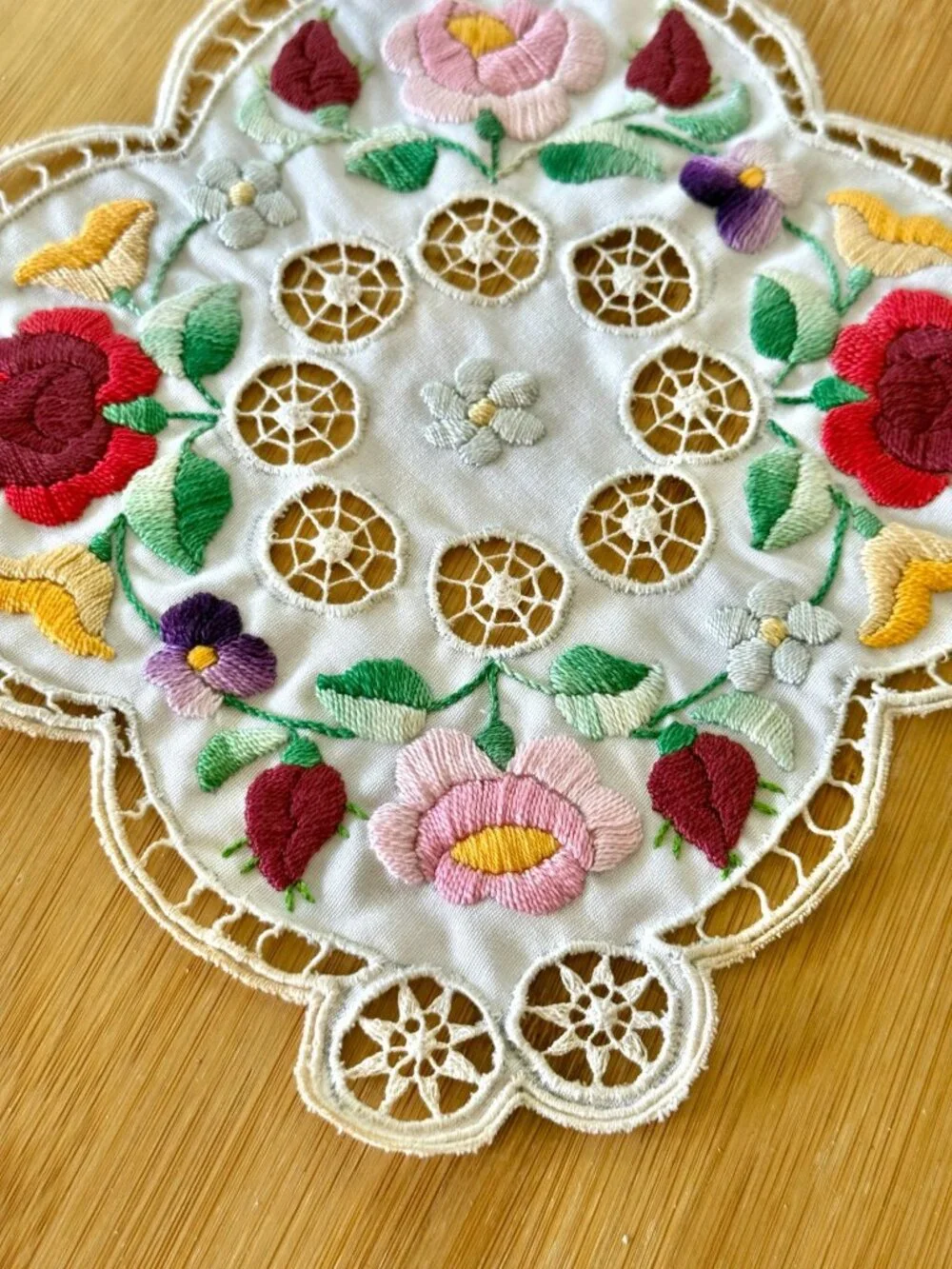 Vintage Mid Century Kalocsa Style Doily In Cotton And Lace Detail